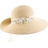 Large brim hat raised at the back in paper braid with flower pattern s