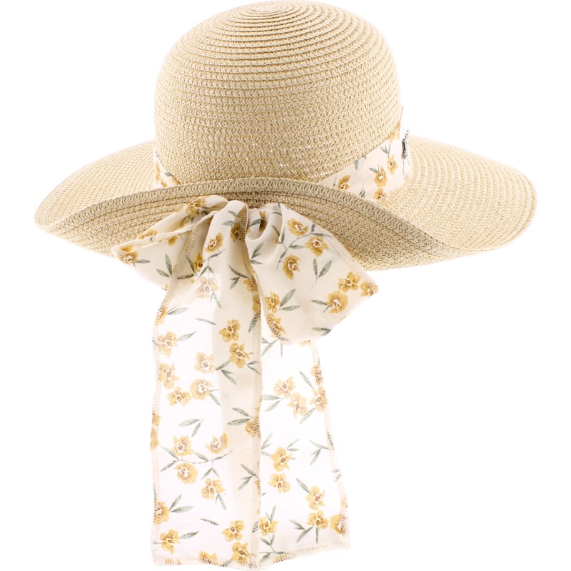 Large brim hat raised at the back in paper braid with flower pattern s