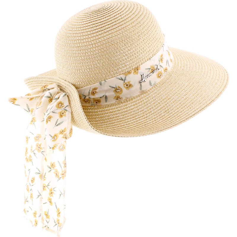 Large brim hat raised at the back in paper braid with flower pattern s