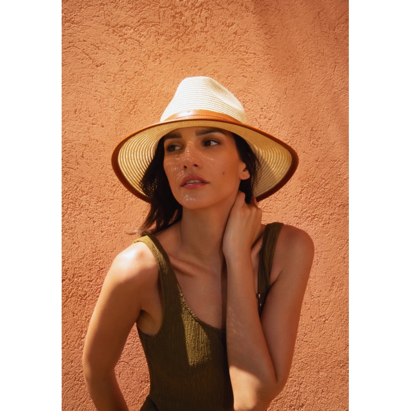 Large brim hat in paper straw  - pu leatherbelt and pu bound edge brim