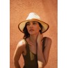 Large brim hat in paper straw  - pu leatherbelt and pu bound edge brim