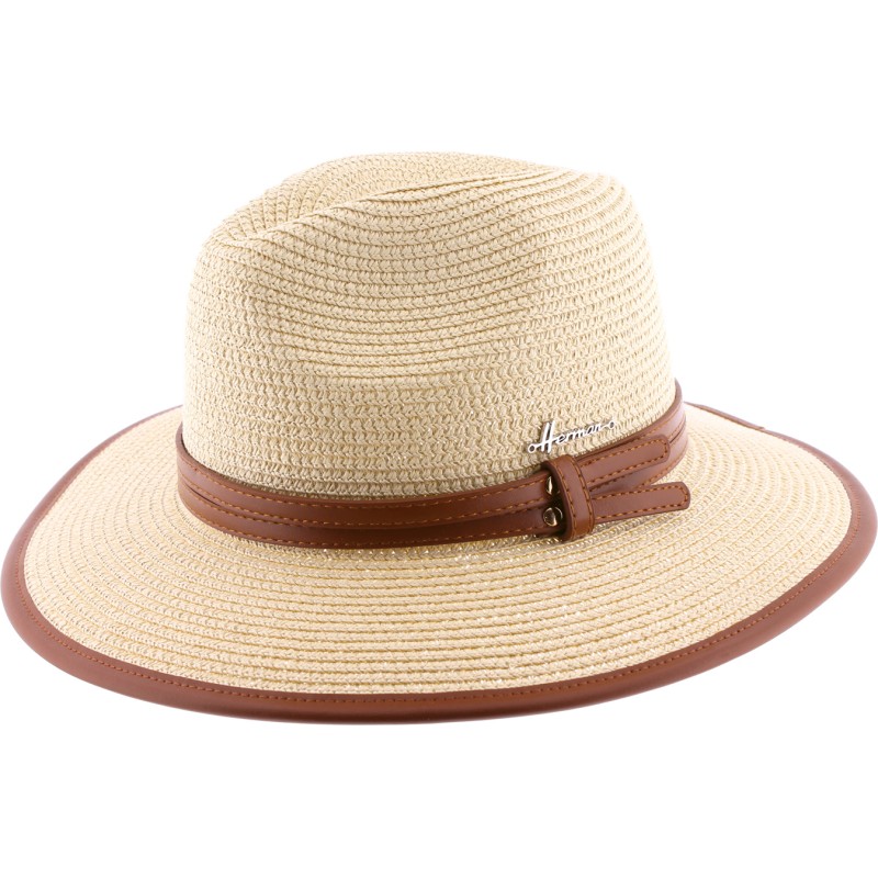 Large brim hat in paper straw  - pu leatherbelt and pu bound edge brim