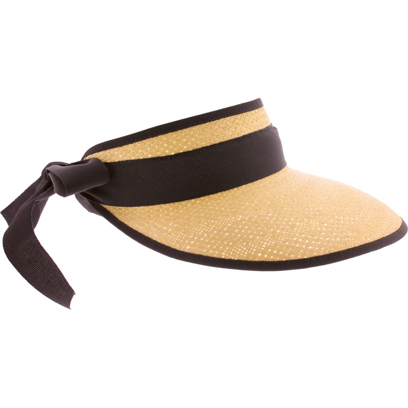 Straw visor with ribbon and plain bound edge.