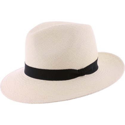 Panama straw hat with black ribbon and interior drawstring.