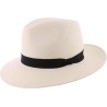 Panama straw hat with black ribbon and interior drawstring.