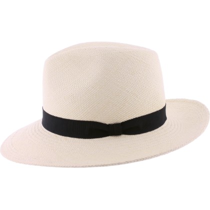 Panama straw hat with black ribbon and interior drawstring.