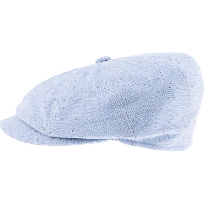 Newsboy cap in mottled fabric with herringbone pattern.