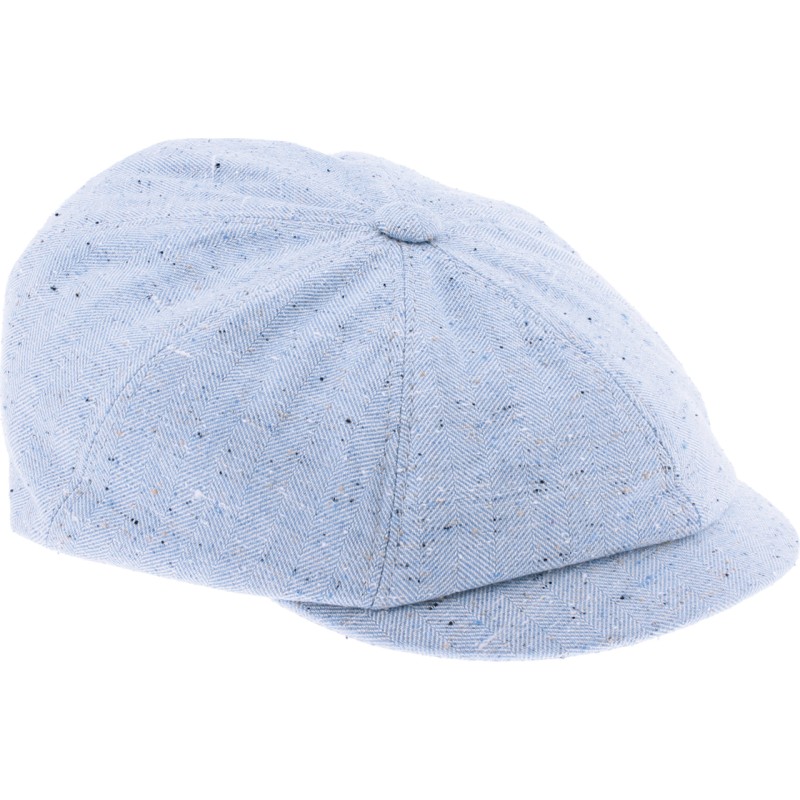 Newsboy cap in mottled fabric with herringbone pattern.