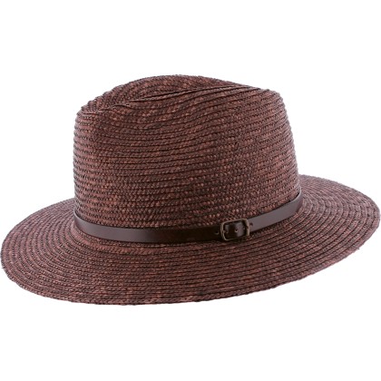 Large brim straw hat with belt and interior drawstring.