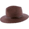 Large brim straw hat with belt and interior drawstring.