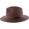 Large brim straw hat with belt and interior drawstring.