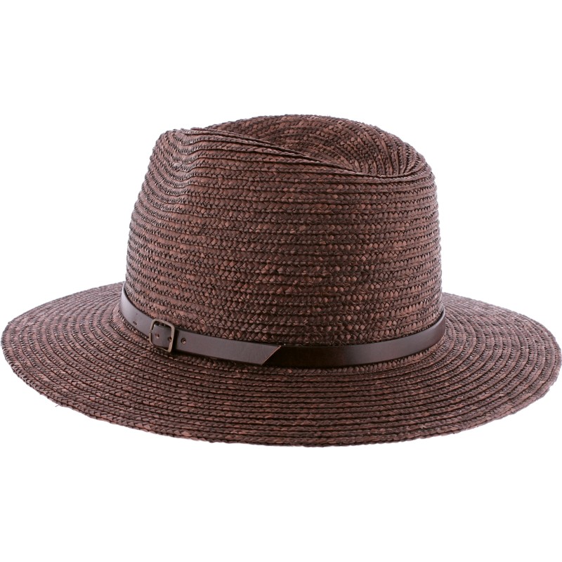 Large brim straw hat with belt and interior drawstring.