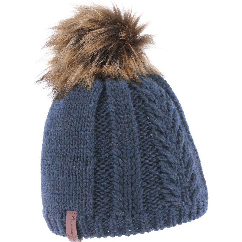 Plain color children hat with a natural faux fur pompom lined in ultra