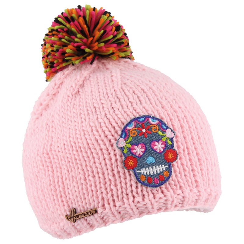 Bonnet uni en maille tricoté main  avec patch tête de mort et pompon e