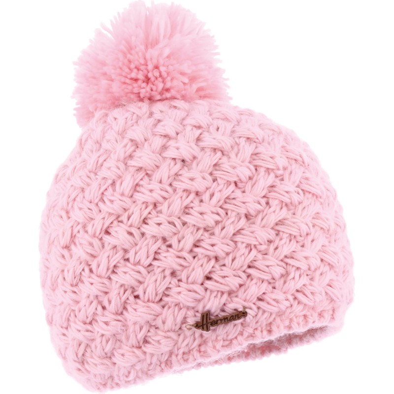 Plain cross-knit adult beanie with plush-lined pompom