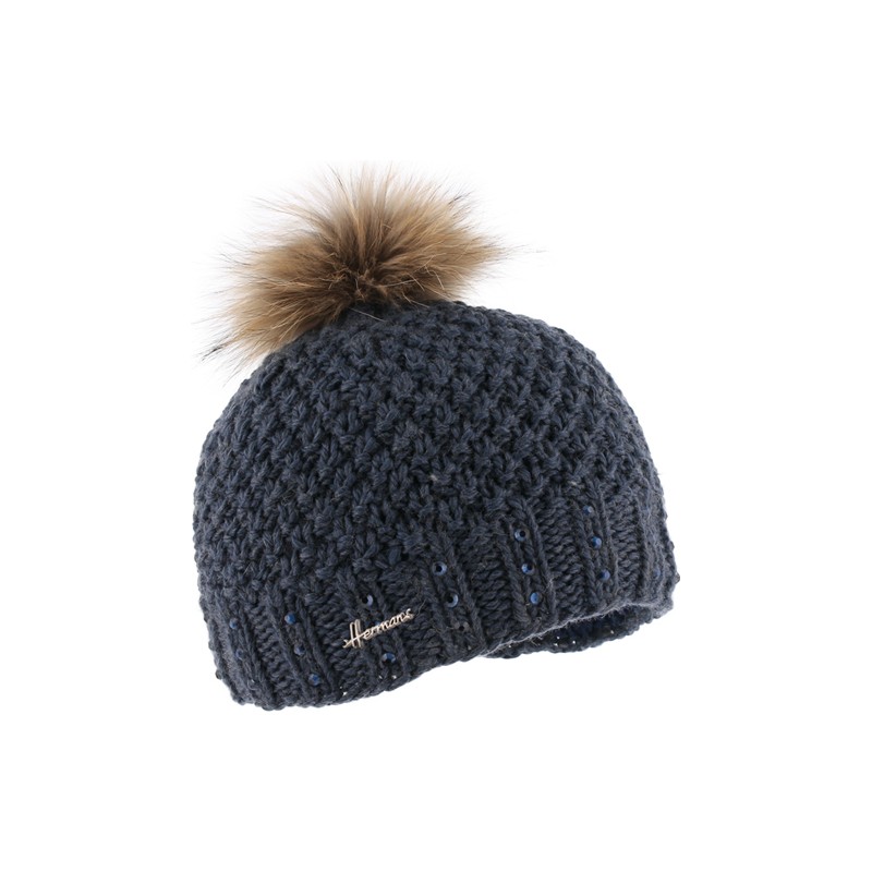 Knitted beanie with fake fur pompom