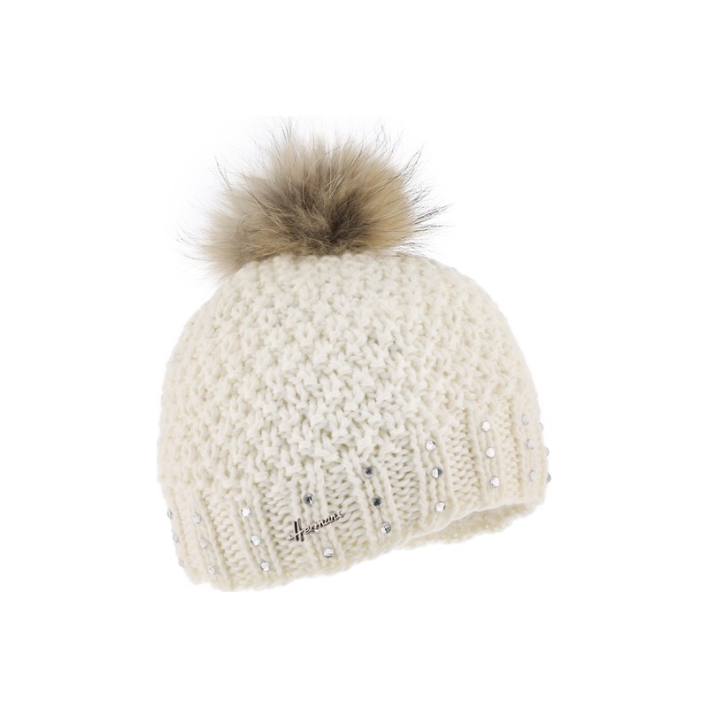 Knitted beanie with fake fur pompom