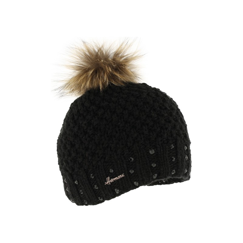 Knitted beanie with fake fur pompom