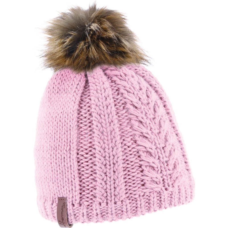 Plain color children hat with a natural faux fur pompom lined in ultra