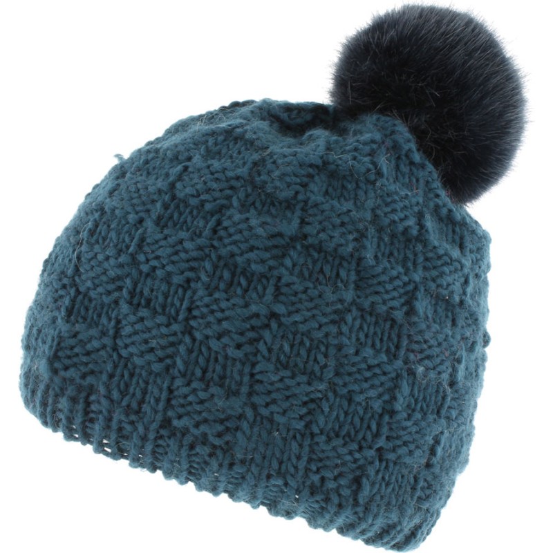 Bonnet grosse maille unie pompon fausse fourrure