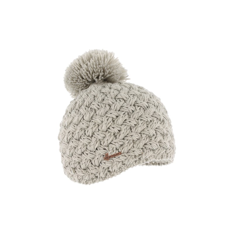 Plain cross-knit adult beanie with plush-lined pompom