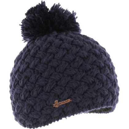 Plain cross-knit adult beanie with plush-lined pompom