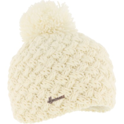 Plain cross-knit adult beanie with plush-lined pompom