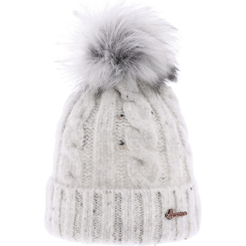 Heathered women's twisted beanie with faux fur pompom