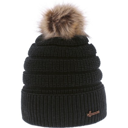 Women's plain hat with faux fur pompom lined plush