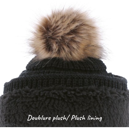 Women's plain hat with faux fur pompom lined plush