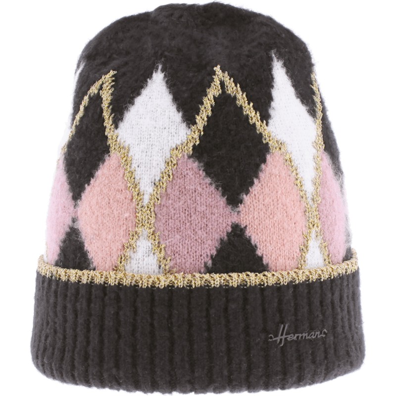 Diamond pattern beanie with lurex and cuffs