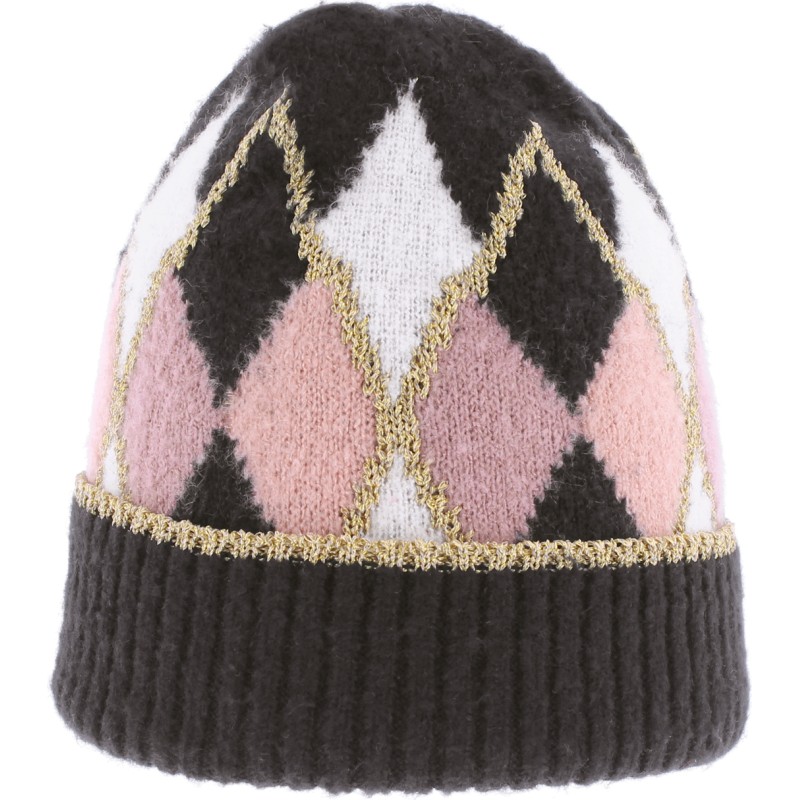 Diamond pattern beanie with lurex and cuffs