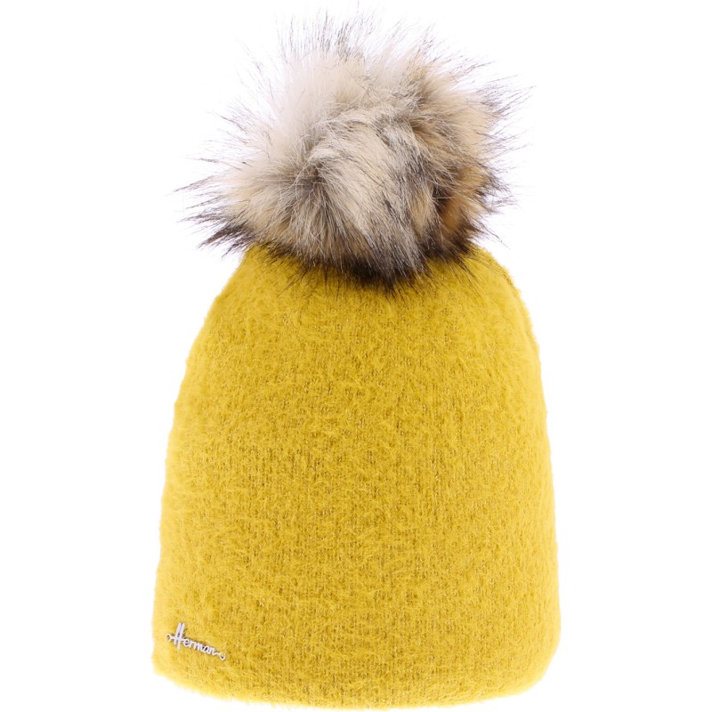 Very soft plain nylon hat with faux fur pompom