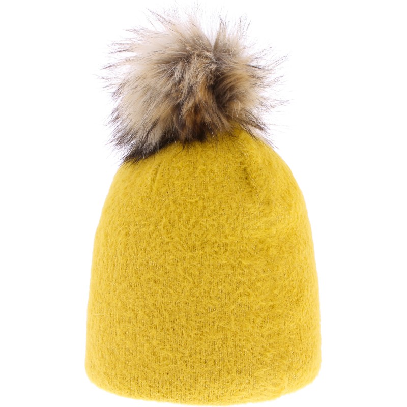 Very soft plain nylon hat with faux fur pompom