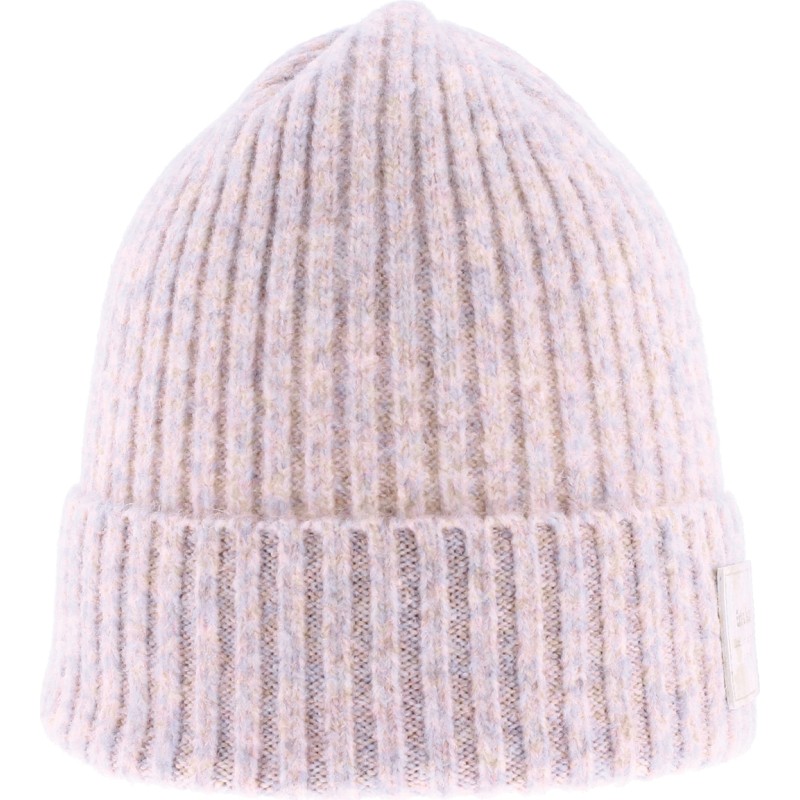 Women's mottled knit beanie with badge and turn-ups