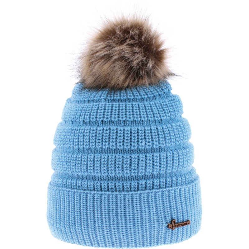 Women's plain hat with faux fur pompom lined plush