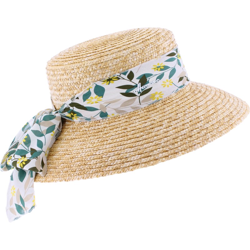 chapeau femme en paille naturelle avec foulard