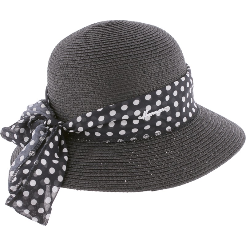 chapeau capeline femme en paille noir avec foulard à pois